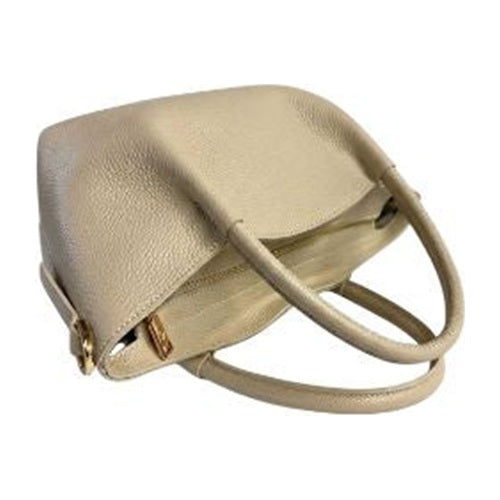 Beige pebbled top handle handbag top view showing handles and opening