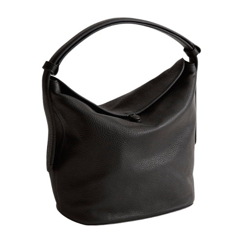 Black pebbled leather bucket shoulder bag for women, front view