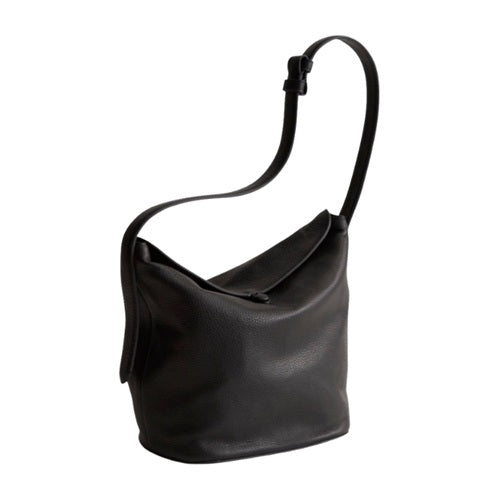Black leather bucket shoulder bag with adjustable long strap