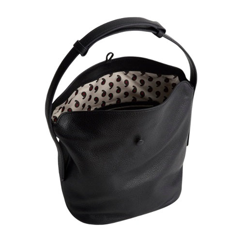 Black leather bucket bag open showing interior lining and zip pocket