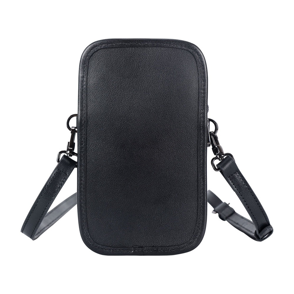 Black leather mini messenger bag, back view