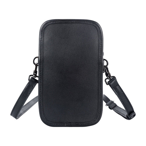 Black leather mini messenger bag, back view