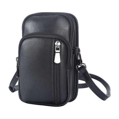 Black leather mini messenger bag, front view with front zip pocket