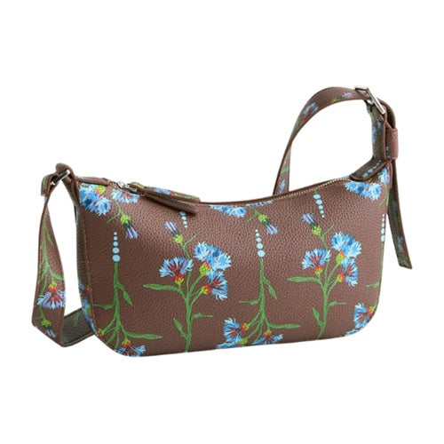 Brown floral faux leather crossbody bag back view with buckle strap