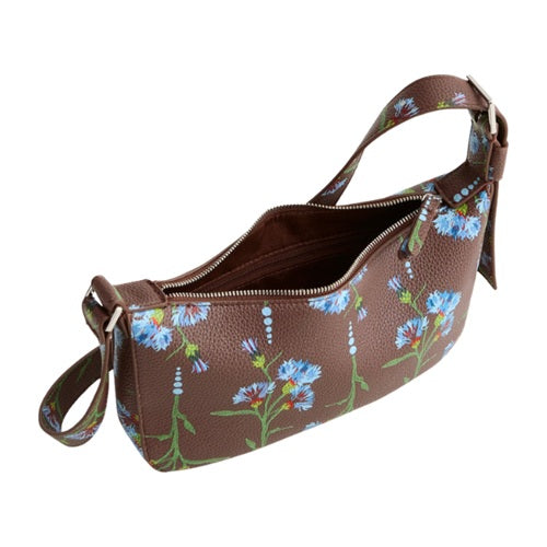 Brown floral sling crossbody bag open zipper view