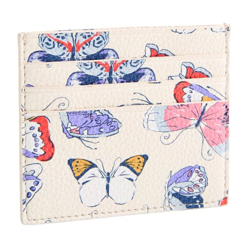 Cream butterfly print faux leather slim card holder, front view