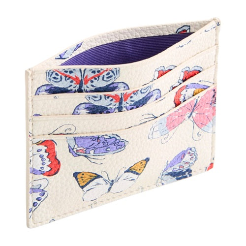 Cream slim card holder showing card slots and purple lining