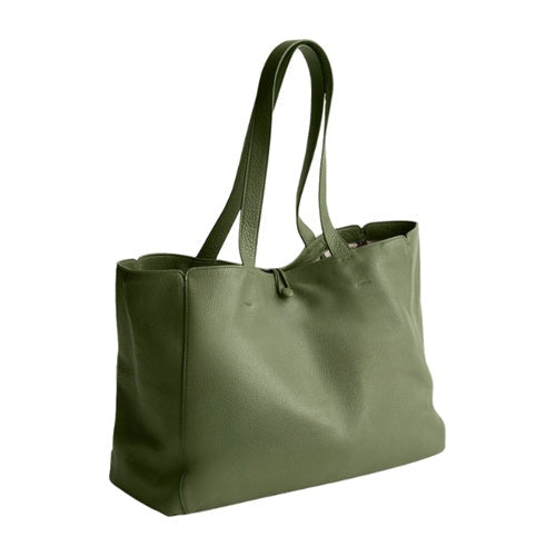 Olive green pebbled leather tote bag for women, front view