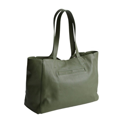 Olive green leather tote bag back view with slip pocket