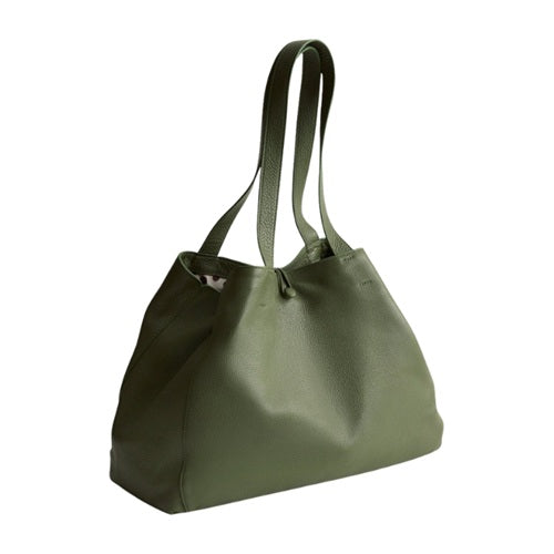 Olive green pebbled leather tote bag, side view