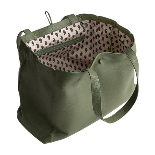 Olive green leather tote bag, open view showing printed lining and interior zip pocket