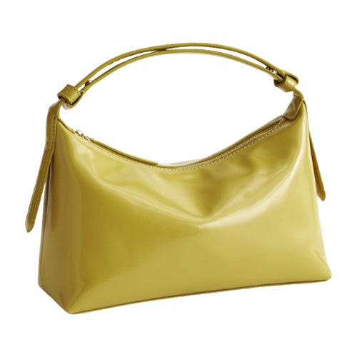 Olive green patent faux leather top-handle handbag for women, front view