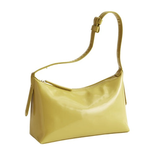 Olive green patent faux leather handbag with long shoulder strap