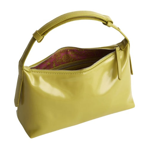 Olive green patent faux leather top-handle handbag, open view showing zip top
