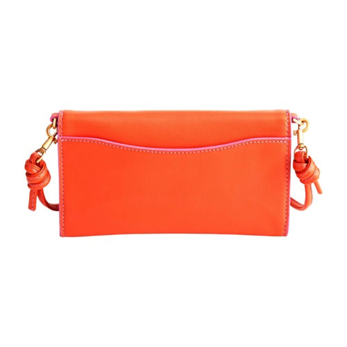 Orange bonded leather clutch bag back view with detachable knot strap