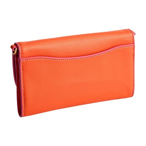 Orange bonded leather flap clutch side angle view