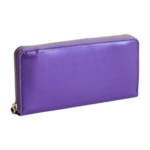 Purple metallic leather zip around wallet for women, front view