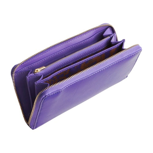 Purple leather zip around wallet open showing card slots